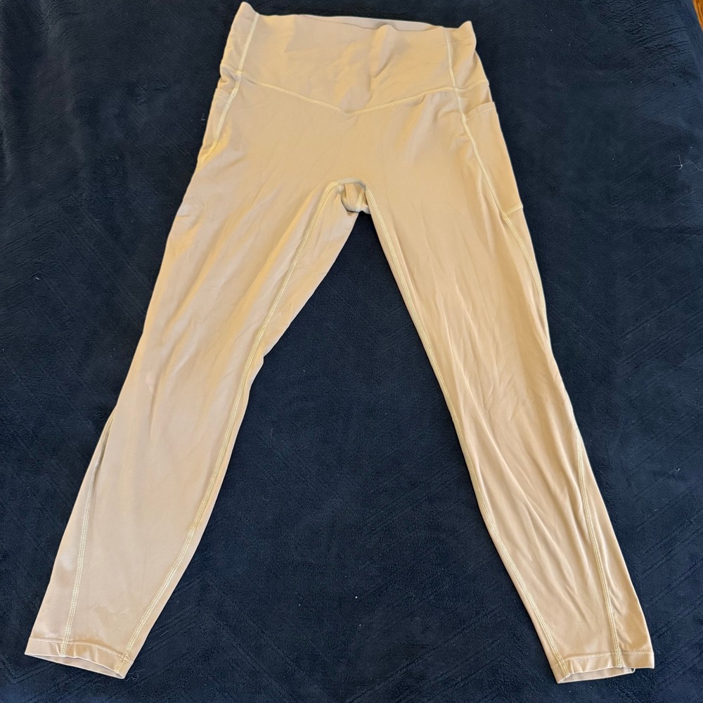 Halara Tan High Waisted 7/8 Leggings Side Pockets Large V-Back Seam Athleisure